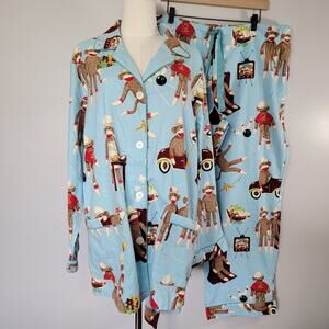 Nick & Nora Pajamas Sleepwear Womens XXL Blue Sock Monkeys Bowling TV Car Cozy